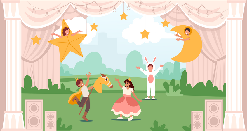 Children in funny theatrical costumes  Illustration