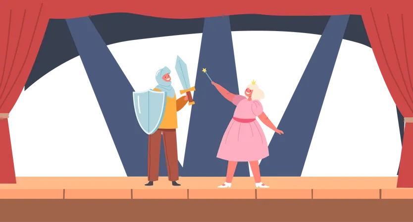 Children in Funny Theatrical Costumes of Knight and Fairy Playing Roles on Stage  Illustration