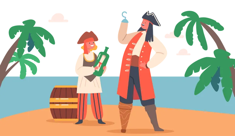 Children Pirates Captain Hook And Sailor Playing On Secret Island Funny Kids In Picaroon Costumes Characters With Rum Barrel And Bottle With Message On Beach Cartoon People Vector Illustration Illustration