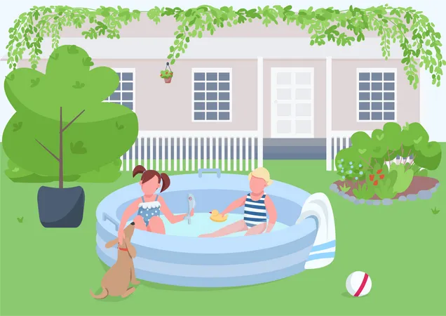Children In Pool Flat Color Vector Illustration Girl And Boy In Inflatable Tub On Backyard Child Swim In Water Toddler Play Kids 2 D Cartoon Characters With Landscape On Background Illustration