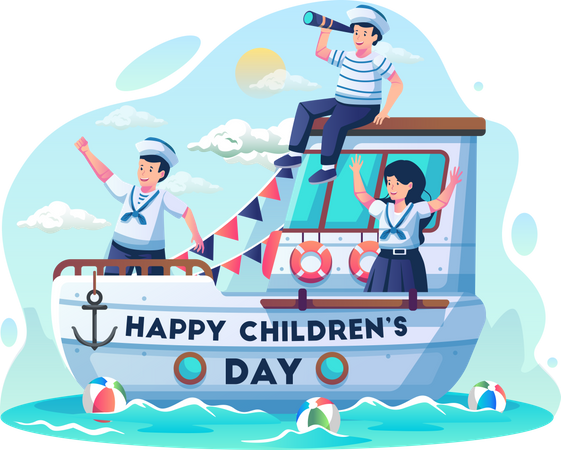 Children in sailors costumes sailing the sea using a sailboat Illustration