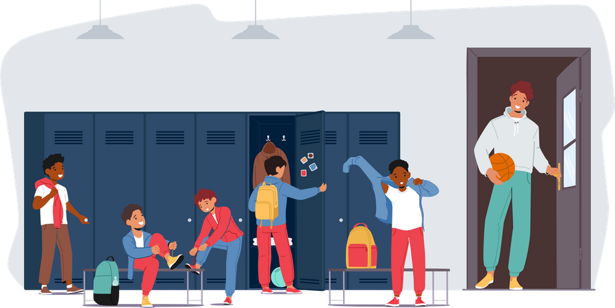Children in School Sports Locker Room Illustration