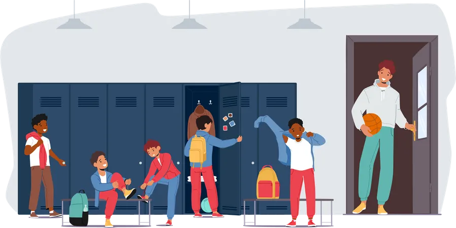 Children in School Sports Locker Room Illustration