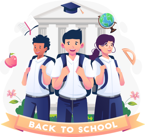 Children in student uniforms with backpacks are ready to go back to school  Illustration