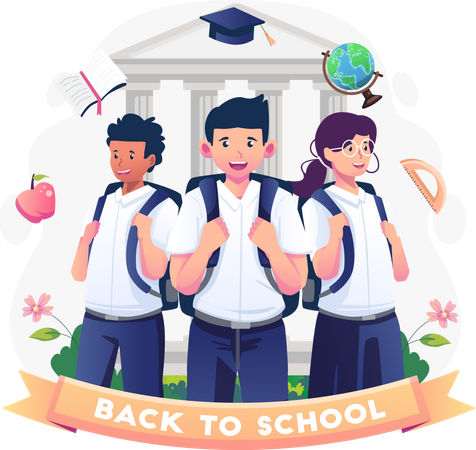 Children in student uniforms with backpacks are ready to go back to school Illustration