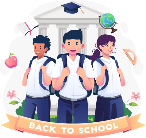 Children In Student Uniforms With Backpacks Are Ready To Go Back To School Vector Illustration In Flat Style Illustration