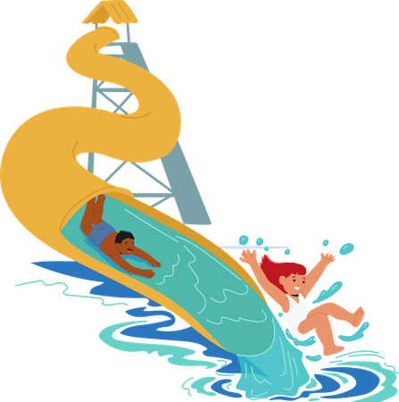 Children Joyously Slide Down Large Water Slide At Water Park  Illustration