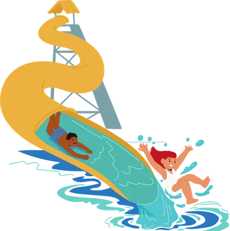 Children Joyously Slide Down Large Water Slide At Water Park  Illustration