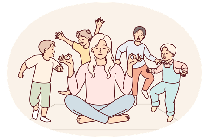 Children jumping around meditating mother because of hyperactivity disorder  Illustration