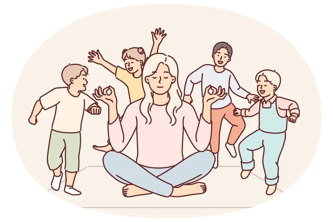 Children jumping around meditating mother because of hyperactivity disorder  Illustration