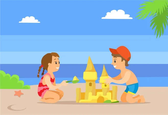 Girl In Dress And Boy In Shorts Making Sand Castle Summertime Activity Green Plant And Starfish Cloudy Weather Friends Playing On Beach Vector Illustration