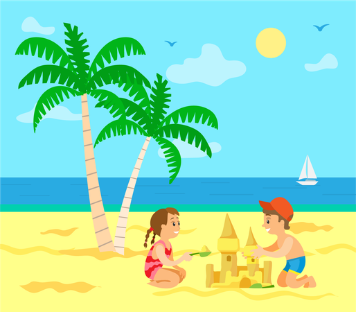 Children making castle on beach  Illustration