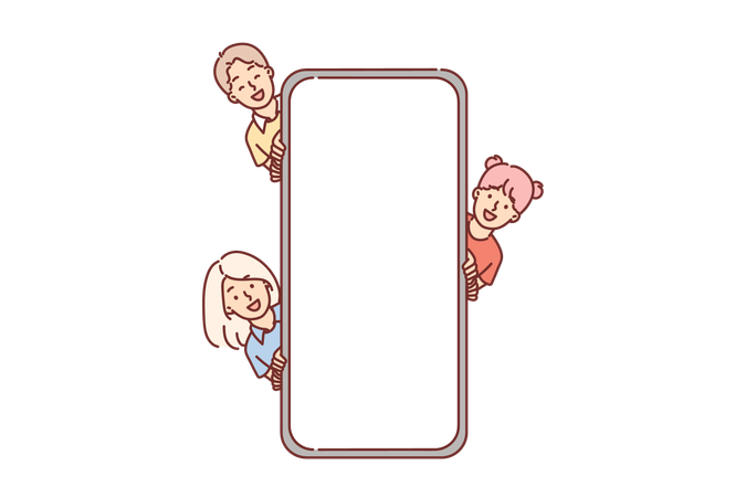 Children near giant phone with empty screen  Illustration