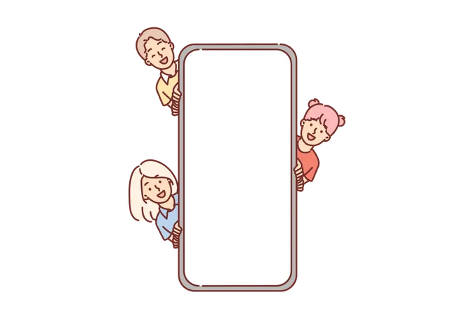 Children near giant phone with empty screen  Illustration
