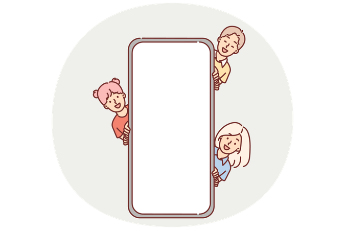 画面が空の巨大な携帯電話の近くにいる子供たち  イラスト