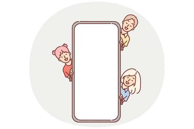 画面が空の巨大な携帯電話の近くにいる子供たち  イラスト