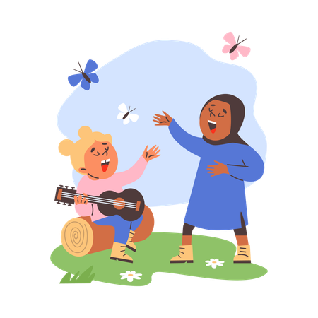 Children of different races sing with  guitar at summer camp  Illustration