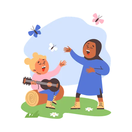 Children of different races sing with  guitar at summer camp  Illustration