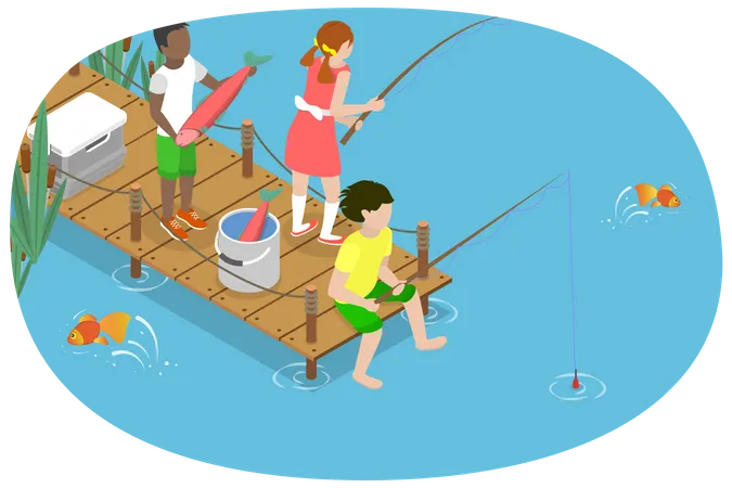 3 D Isometric Flat Vector Conceptual Illustration Of Children Of Fishermen Summer Vacation At River Or Lake Illustration