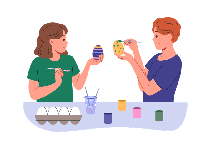 Children paint easter eggs in preparation for main christian holiday standing at table with gouache  イラスト