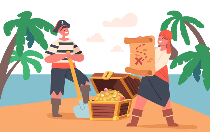 Children Pirates Hiding Loot in Trunk on Secret Island, Funny Kids Boy and Girl Wear Picaroon Costumes with Treasure Illustration
