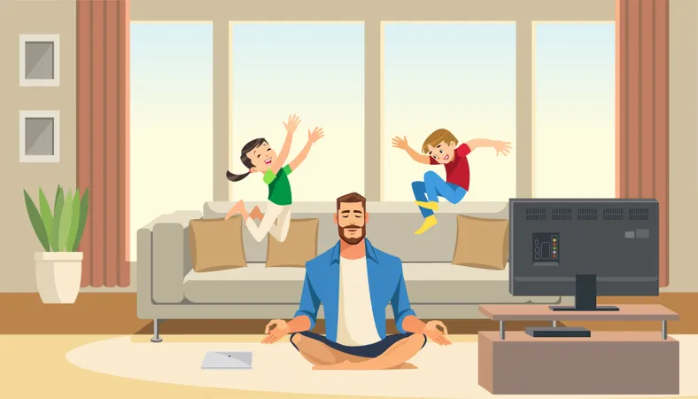 Children play and jump on sofa behind working business father  Illustration