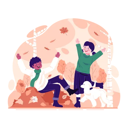 Children play happily in autumn  Illustration