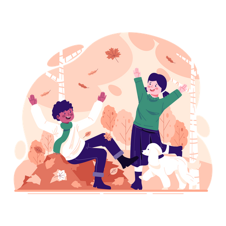 Children play happily in autumn  Illustration