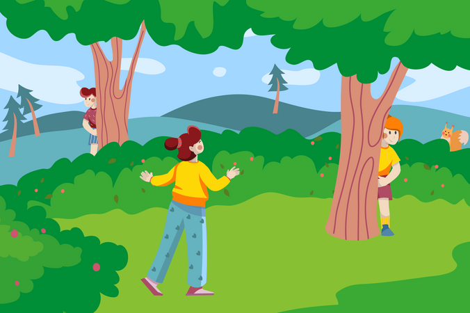 Children play in hide and seek game Illustration