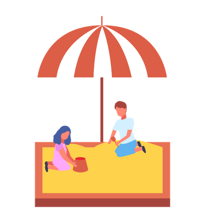 Children play in the sandbox with canopy in the playground  Illustration