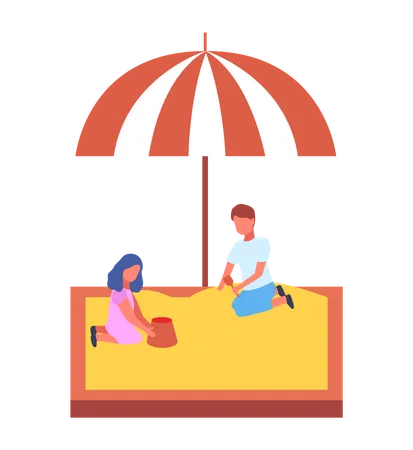 Children play in the sandbox with canopy in the playground  Illustration