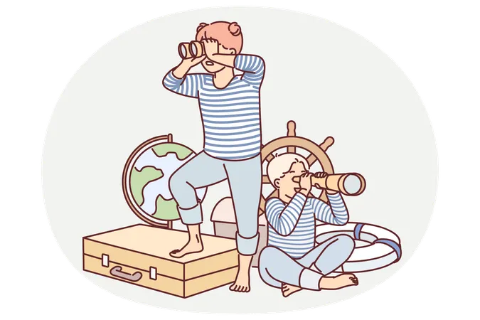 Children play sailors with vintage nautical things and dream of becoming traveler  Illustration
