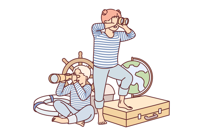 Children play sailors with vintage nautical things and dream of becoming travelers  Illustration