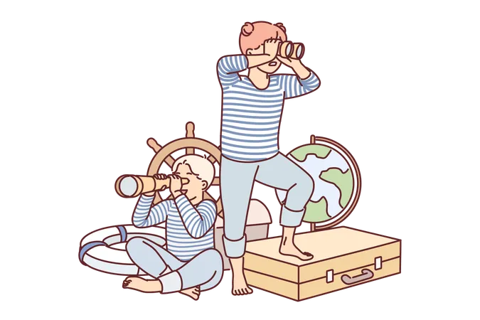 Children Play Sailors With Vintage Nautical Things And Dream Of Becoming Travelers Little Boy And Girl Use Spyglasses Looking In Different Directions And Pretending To Be Sailors On Ship Illustration