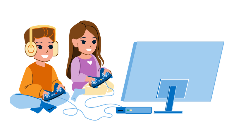 Children play video game  Illustration