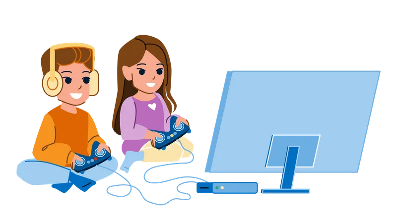Children Play Video Game Vector Kid Boy Girl Home Family Console Player Children Play Video Game Character People Flat Cartoon Illustration Illustration