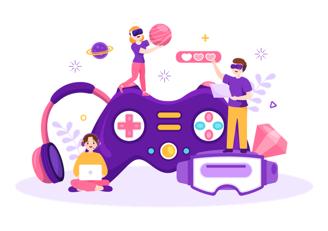 Children play video games  Illustration