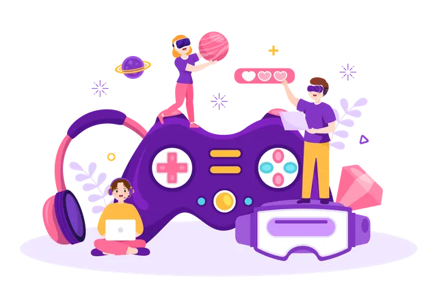 Children play video games  Illustration