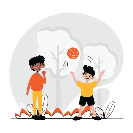 Children playing basketball in garden  Illustration