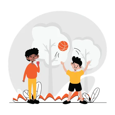 Children playing basketball in garden  Illustration