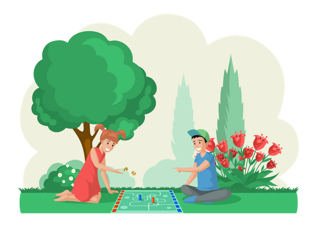 Children playing board game in park  Illustration