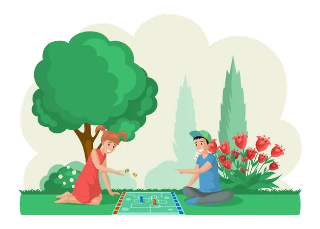 Children playing board game in park  Illustration