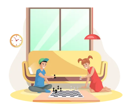 Children playing board game together. Kids boy and girl friends playing chess sitting on floor  Illustration