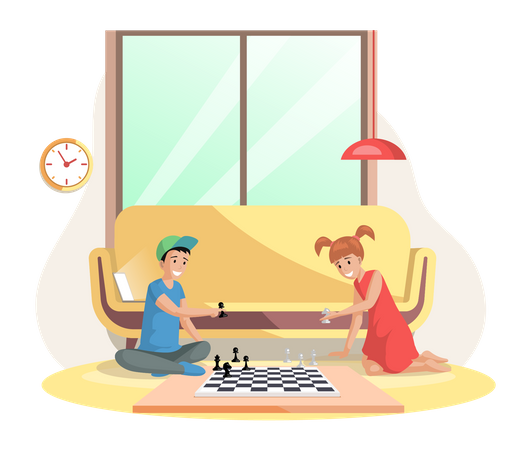 Children playing board game together. Kids boy and girl friends playing chess sitting on floor  Illustration