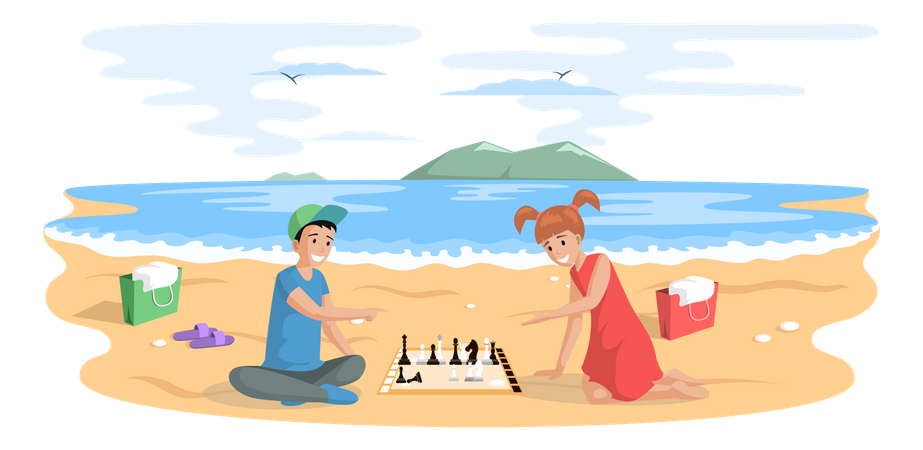 Children playing board game while sitting at beach  Illustration