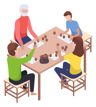 Children playing board game with parents  Illustration
