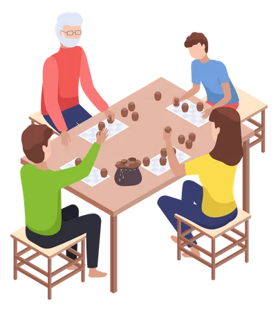 Children playing board game with parents Illustration