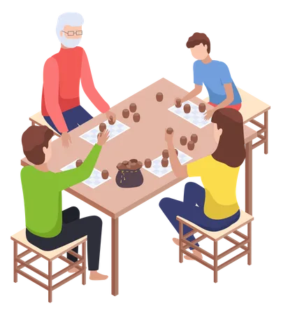 Children playing board game with parents  Illustration