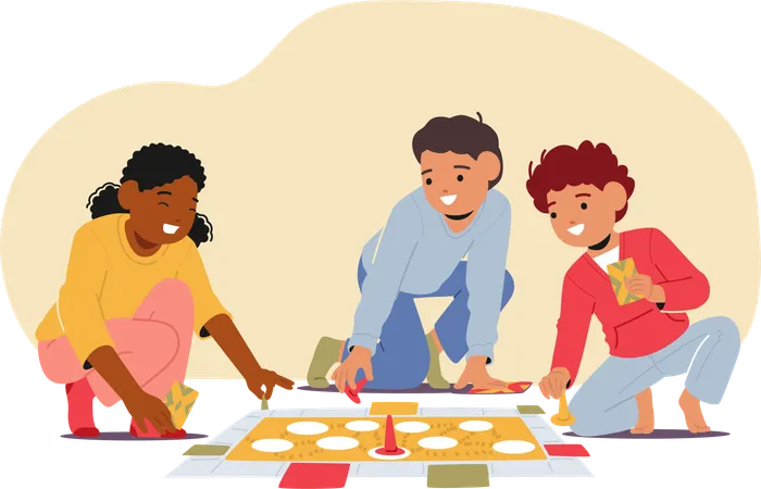 Children Characters Sit On The Floor Laughter Filling The Air As They Eagerly Play Board Games Their Faces Illuminated By The Soft Glow Of Colorful Game Pieces And Dice Cartoon Vector Illustration Illustration