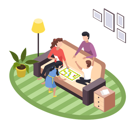 Children playing boardgame while sitting with parents Illustration